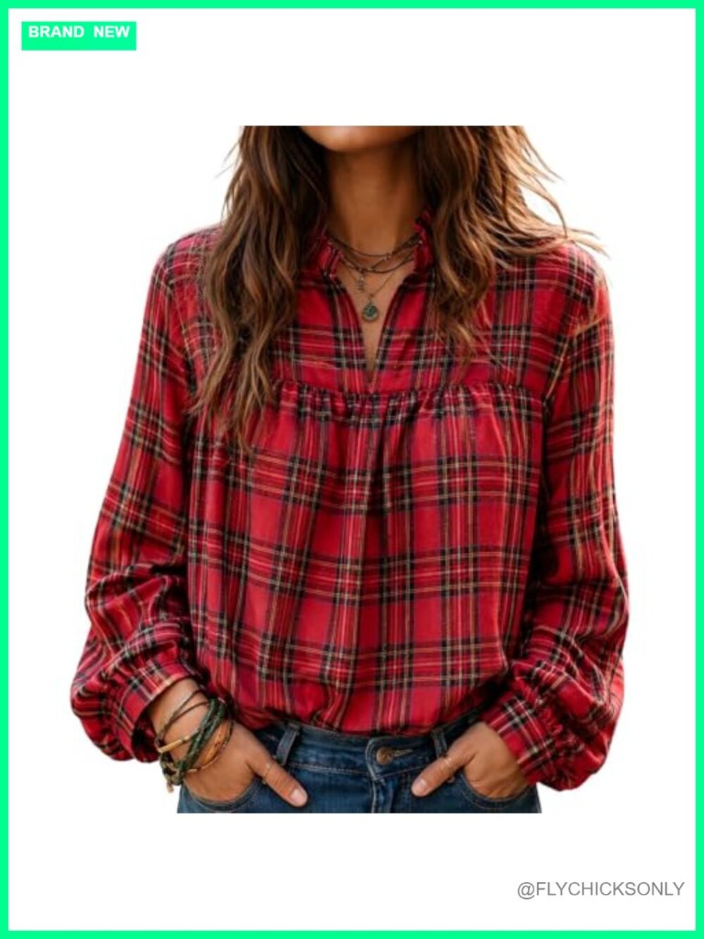 Women Ruffle Collar V Neck Plaid Blouse Three Quarter Sleeve